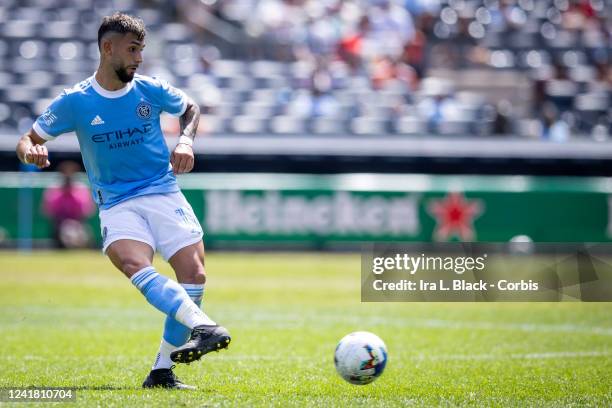 Valentín Castellanos of New York City FC passes the ball in the second half of the Major League Soccer match against the New England Revolution at...