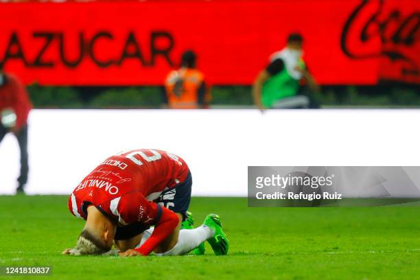 Cristian Calderon of Chivas reacts during the 2nd round match between Chivas and Atletico San Luis as part of the Torneo Apertura 2022 Liga MX at...