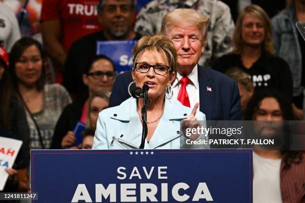 House of Representatives candidate, Sarah Palin speaks alongside former US President Donald Trump during a "Save America" rally in Anchorage, Alaska...