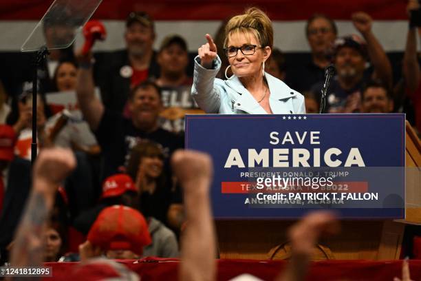 House of Representatives candidate Sarah Palin speaks on stage during a "Save America" rally before former US President Donald Trump in Anchorage,...