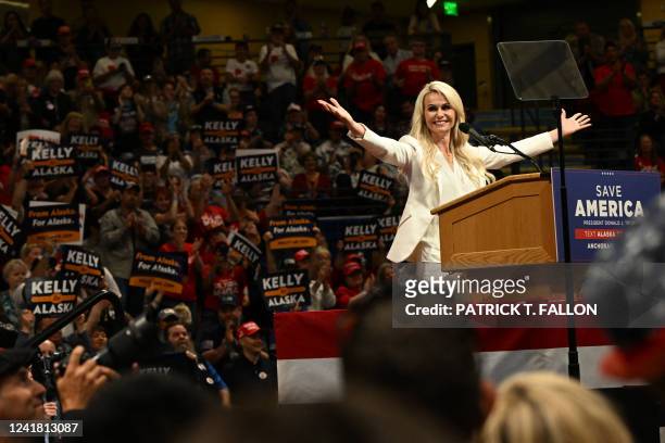 Senate candidate Kelly Tshibaka speaks ahead of former US President Donald Trump during a "Save America" rally campaigning in support of republican...