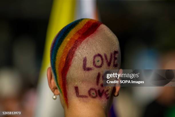 Woman painted with the LGBTI colors in her hair seen during the gay pride march held in one of the most important streets of Madrid. Thousands of...