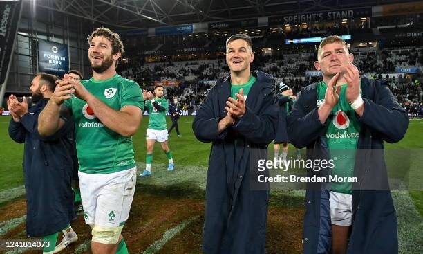 Otago , New Zealand - 9 July 2022; Ireland players, from left, Caelan Doris, Jonathan Sexton and Tadhg Furlong celebrate victory after the Steinlager...