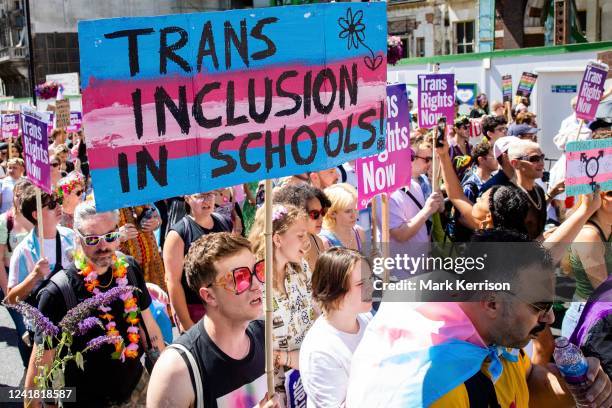 Thousands of people take part in a London Trans+ Pride march from the Wellington Arch to Soho on 9th July 2022 in London, UK. London Trans+ Pride is...