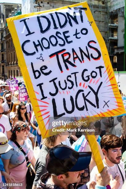 Thousands of people take part in a London Trans+ Pride march from the Wellington Arch to Soho on 9th July 2022 in London, UK. London Trans+ Pride is...