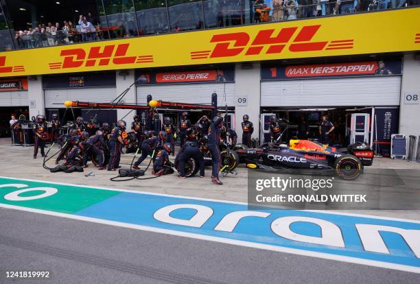 Red Bull Racing's Dutch driver Max Verstappen stops in the pits during the Formula One Austrian Grand Prix on the Red Bull Ring race track in...