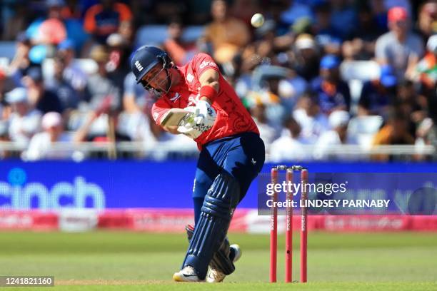 England's Liam Livingstone hits a six during the '3rd Vitality IT20' Twenty20 International cricket match between England and India at Trent Bridge...