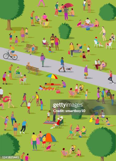 social distancing groups in the park - crowded park stock illustrations