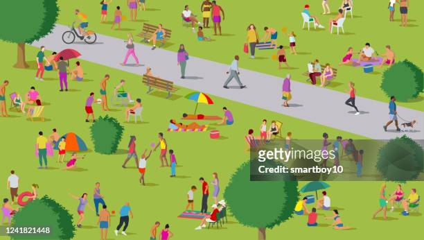 illustrazioni stock, clip art, cartoni animati e icone di tendenza di gruppi di distanziamento sociale nel parco - affollato