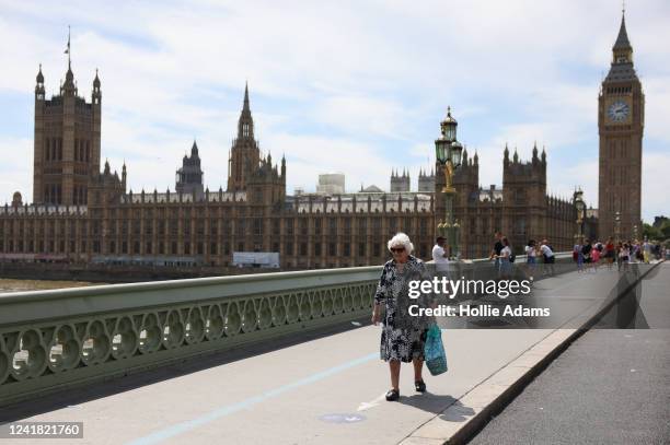 Woman crosses Westminster Bridge on July 10, 2022 in London, England. Weather forecasts have predicted a heatwave across much of the UK.