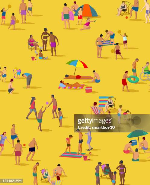 illustrazioni stock, clip art, cartoni animati e icone di tendenza di gruppi di distanziamento sociale in spiaggia - affollato