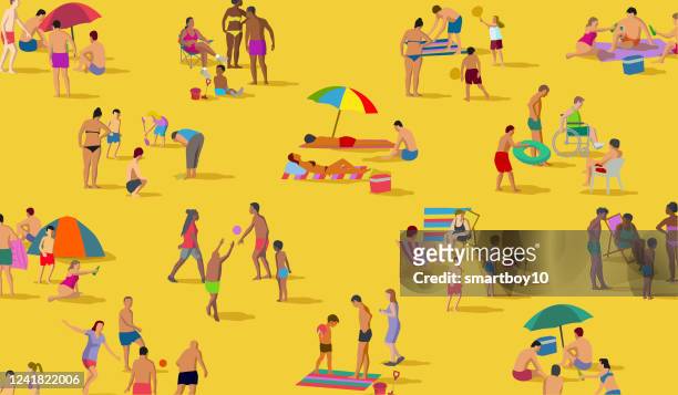 social distancing groups at the beach - safe travel stock illustrations