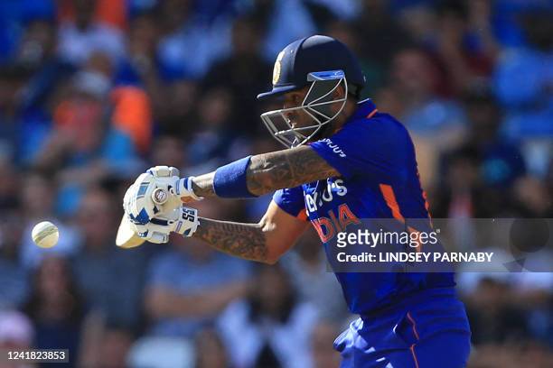 India's Suryakumar Yadav plays shot during the '3rd Vitality IT20' Twenty20 International cricket match between England and India at Trent Bridge in...