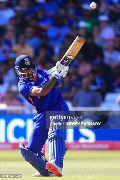 India's Suryakumar Yadav plays a shot during the '3rd Vitality IT20' Twenty20 International cricket match between England and India at Trent Bridge...