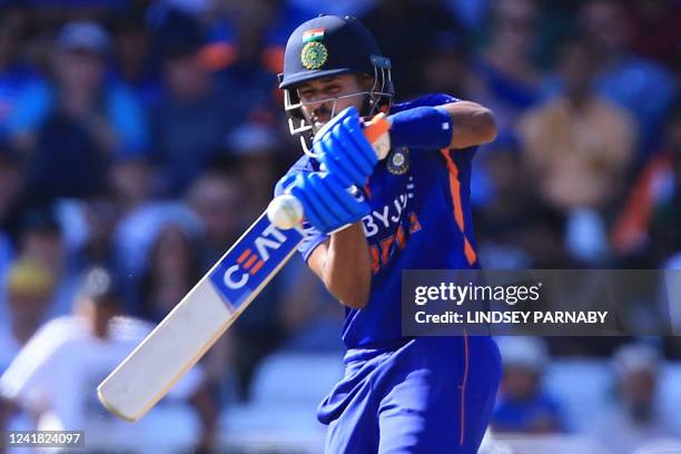 India's Shreyas Iyer plays a shot during the '3rd Vitality IT20' Twenty20 International cricket match between England and India at Trent Bridge in...