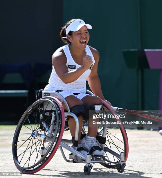 Yui Kamiji of Japan plays alongside Dana Mathewson of United States of America celebrates championship point during their match against Diede de...