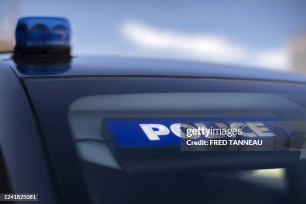 Photograph shows a French police logo on a police car on the last day of the first edition of the Lorient Oceans festival in Lorient, western France,...