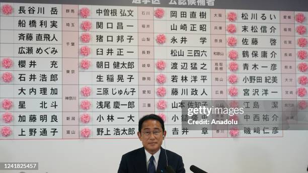 Fumio Kishida, Japan's prime minister and president of the Liberal Democratic Party , speaks after placing a red paper rose on an LDP candidate's...