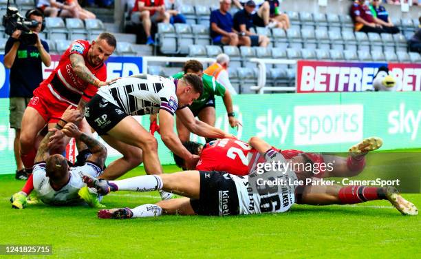 Sam Wood of Hull Fc scores a try in the 36th minute to make 8-14 during the Betfred Super League Magic Weekend match between Hull Kingston Rovers and...