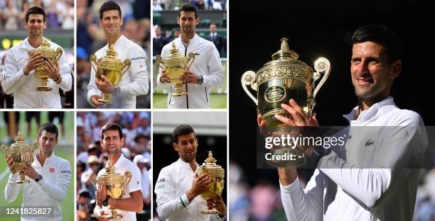 Combination of photographs created on July 10, 2022 shows Serbia's Novak Djokovic holding up the Wimbledon Championships trophy after winning his...