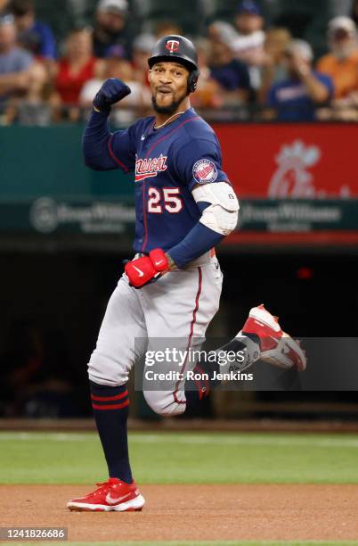 Byron Buxton of the Minnesota Twins runs the bases after hitting a solo home run against the Texas Rangers during the first inning at Globe Life...