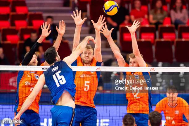 Wessel Keemink of Netherlands Luuc van der Ent of Netherlands and Bennie Junior Tuinstra of Netherlands in action during the Men Volleyball Nations...