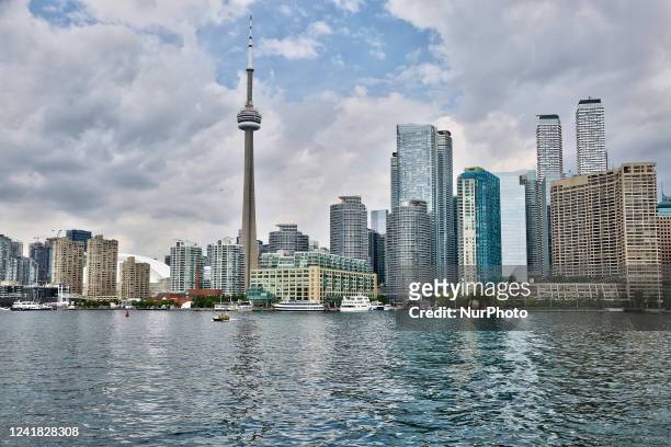 Buildings by Lake Ontario along the skyline of the city of Toronto, Ontario, Canada, on July 08, 2022.