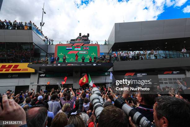 Podium of the F1 Austrian GP 2022 - Charles Leclerc Ferrari F1-75; Max Verstappen Redbull Racing RB18: Lewis Hamilton Mercedes W13 E Performance...