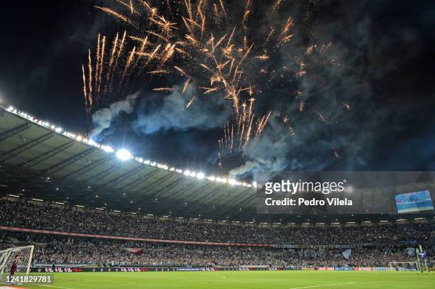 General view of fireworks before the match between Atletico Mineiro and Sao Paulo as part of Brasileirao 2022 at Mineirao Stadium on July 10, 2022 in...