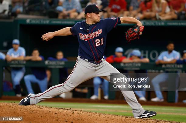 Tyler Duffey of the Minnesota Twins pitches against the Texas Rangers during the ninth inning at Globe Life Field on July 10, 2022 in Arlington,...