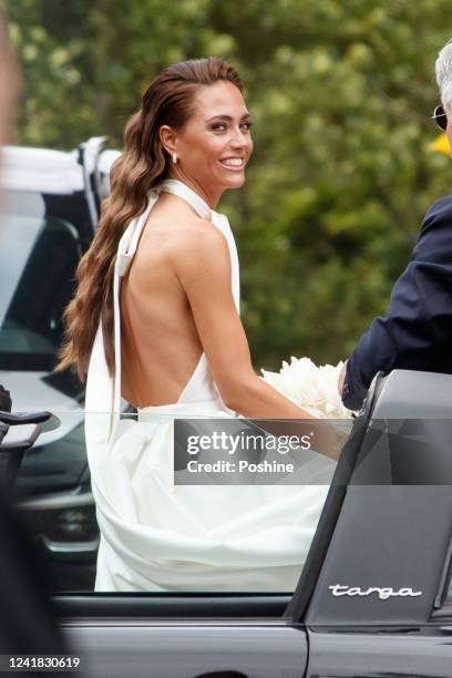 Franca Lehfeldt and her father arrives for her wedding with Christian Lindner on July 9, 2022 in Sylt, Germany.
