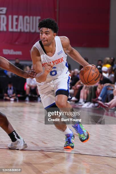 Quentin Grimes of the New York Knicks drives to the basket during the game against the Chicago Bulls on July 10, 2022 at the Cox Pavilion in Las...