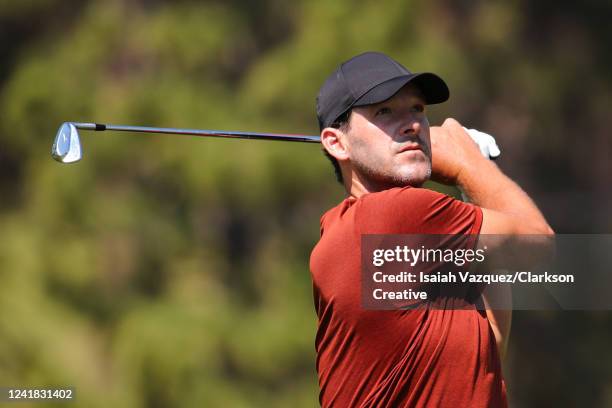 Former NFL quarterback Tony Romo takes a swing during the playoffs on the 18th hole during the Final Round of the American Century Championship at...