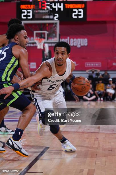 Tremont Waters of the Memphis Grizzlies drives to the basket against the Minnesota Timberwolves during the 2022 Summer League on July 10, 2022 at the...
