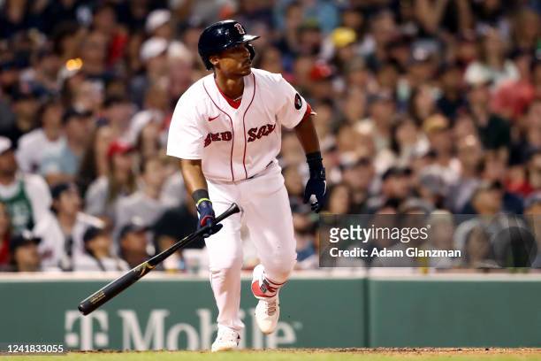 Jeter Downs of the Boston Red Sox hits an RBI force out in the sixth inning during the game between the New York Yankees and the Boston Red Sox at...