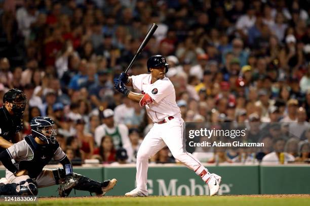 Jeter Downs of the Boston Red Sox bats during the game between the New York Yankees and the Boston Red Sox at Fenway Park on Sunday, July 10, 2022 in...