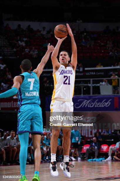 Las Vegas, NV Cole Swider of the Los Angeles Lakers shoots the ball against the Charlotte Hornets on July 10, 2022 at the Thomas & Mack Center in Las...