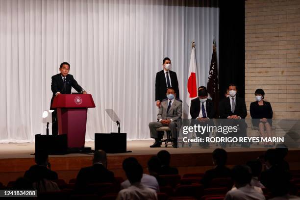 Japanese Prime Minister Fumio Kishida and leader of the Liberal Democratic Party speaks during a news conference after the results of the Upper House...