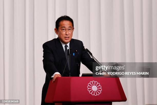 Japanese Prime Minister Fumio Kishida and leader of the Liberal Democratic Party speaks during a news conference after the results of the Upper House...