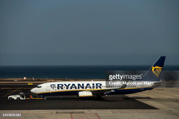 Ryanair airplane is seen ahead of departure in the Cesar Manrique Airport of Lanzarote.