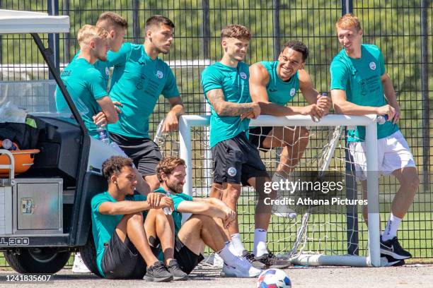 The Swansea City players watch during the Pre-Season Friendly match between Swansea City and Forest Green Rovers at Fairwood Training Ground on July...