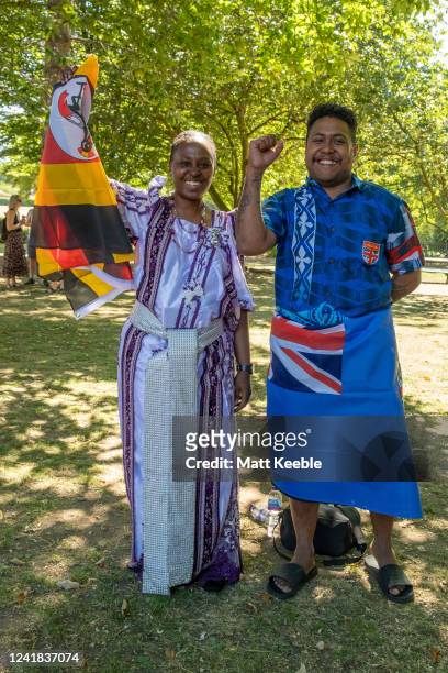 Juliet Nabaweesi and Antonio Maivalenisau take part in The Queen's Baton Relay as it visits Grantham as part of the Birmingham 2022 Queens Baton...