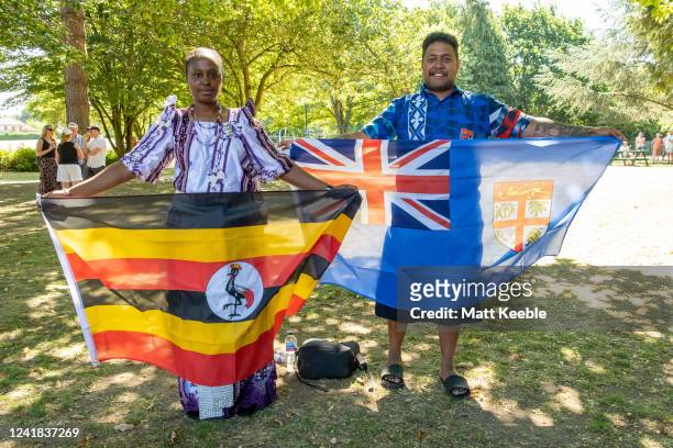 Juliet Nabaweesi and Antonio Maivalenisau take part in The Queen's Baton Relay as it visits Grantham as part of the Birmingham 2022 Queens Baton...