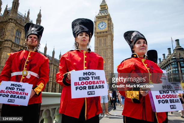 Supporters dressed as guards pose daubed with fake blood on Westminster Bridge ahead of a Parliamentary debate to discuss replacing bearskins used...