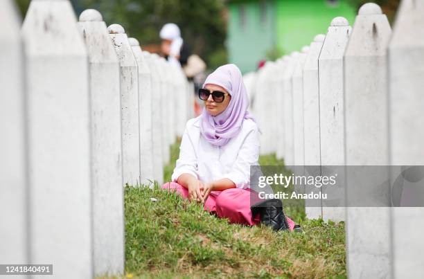 People attend the funeral prayer on July 11, 2022 in Srebrenica, Bosnia and Herzegovina. Bosnia and Herzegovina marks 27th anniversary of Srebrenica...