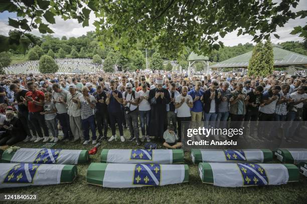 People attend the funeral prayer in Srebrenica, Bosnia and Herzegovina on July 11, 2022. Bosnia and Herzegovina marks the 27th anniversary of...