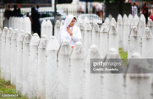 People attend the funeral prayer on July 11, 2022 in Srebrenica, Bosnia and Herzegovina. Bosnia and Herzegovina marks 27th anniversary of Srebrenica...