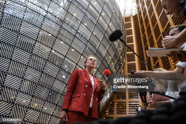 Sigrid Kaag, Netherlands finance minister, speaks to the media at a Eurogroup meeting at the European Council headquarters in Brussels, Belgium, on...