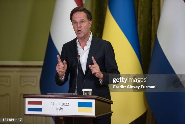Dutch Prime Minister, Mark Rutte gestures during the press conference with Ukrainian President Volodymyr Zelensky on July 11, 2022 in Kyiv, Ukraine....