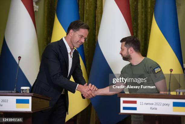Dutch Prime Minister, Mark Rutte and Ukrainian President Volodymyr Zelensky shake hands during a joint press conference on July 11, 2022 in Kyiv,...